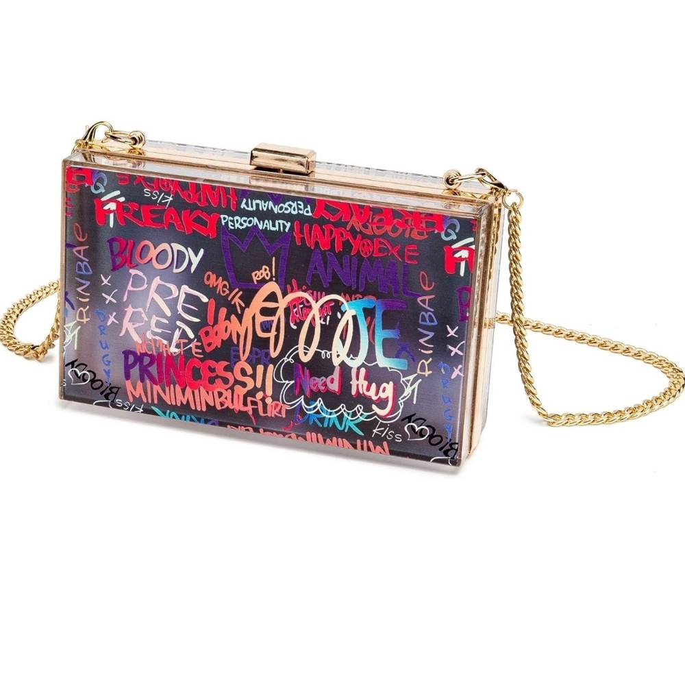 Colorful Graffiti Acrylic Clutch with Gold Chain